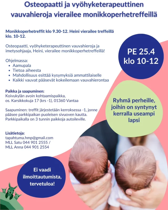 Tuo vauvasi kokeilemaan vauvahierontaa Koivukylän kohtaamispaikan monikkotreffeille

🥰 Pe 25.4. klo 10.00–12.00 🥰

Mahdollisuus myös esittää kysymyksiä osteopatian ja vyöhyketerapian ammattilaiselle.