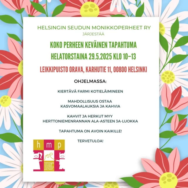 Tervetuloa koko perheen keväiseen tapahtumaan Helatorstarina 29.5. klo 10-13 Leikkipuisto Oravaan, Herttoniemeen. Tapahtuma on avoin kaikille.