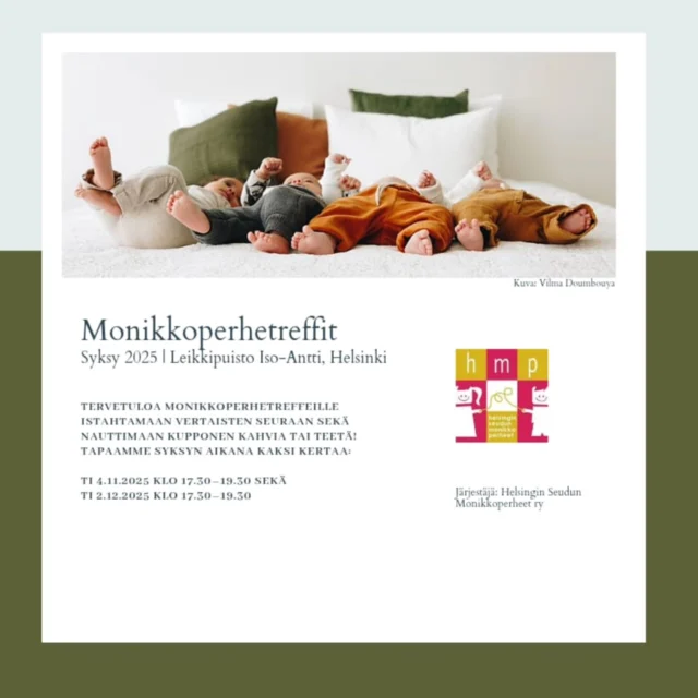 Tervetuloa tapaamaan muita monikkoperheitä leikkipuisto Isoon-Anttiin tämän loppuvuoden aikana kahtena tiistaina: 4.11. sekä 2.12.! ☕️😊

Iloista syksyä kaikille!